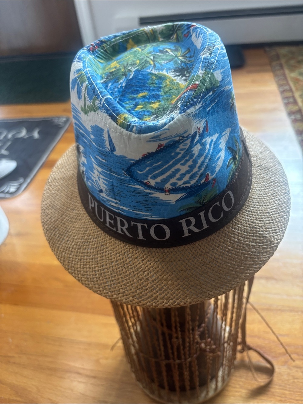 Straw Fedora Hat with Blue Tropical Crown